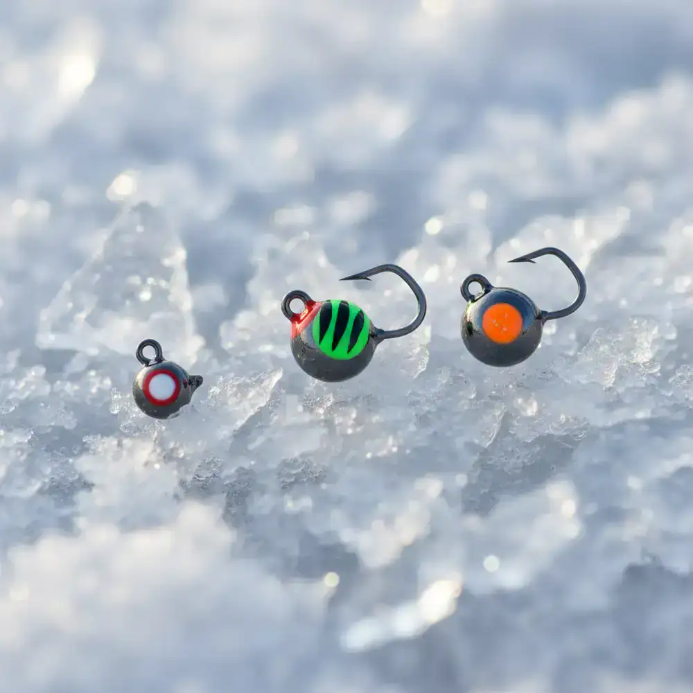 Close-up of tungsten ice fishing jigs