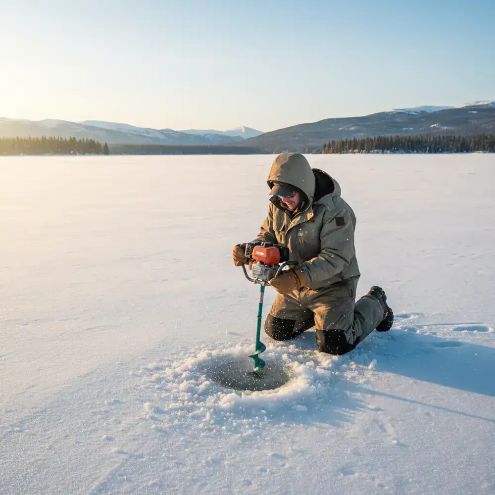 Ice angler drilling a hole in a frozen lake