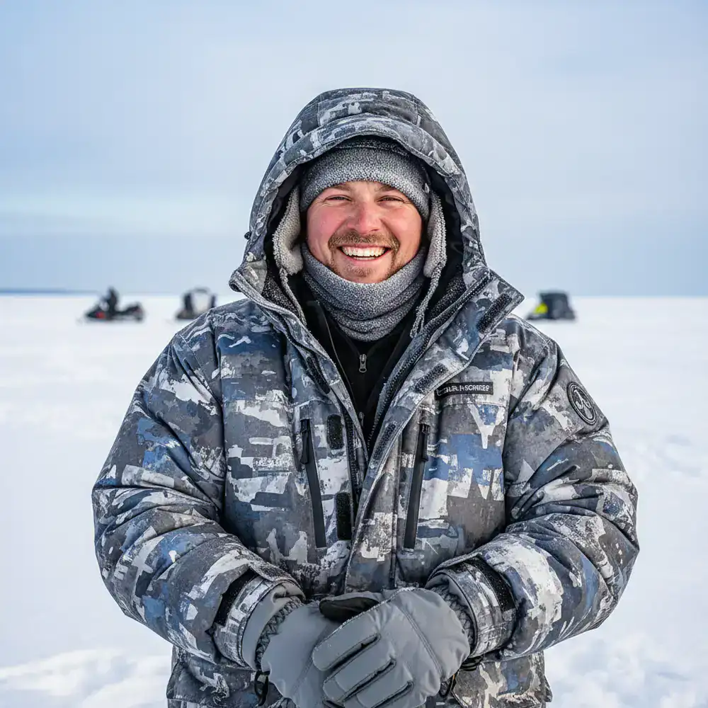 Angler smiling while wearing heavy winter gear