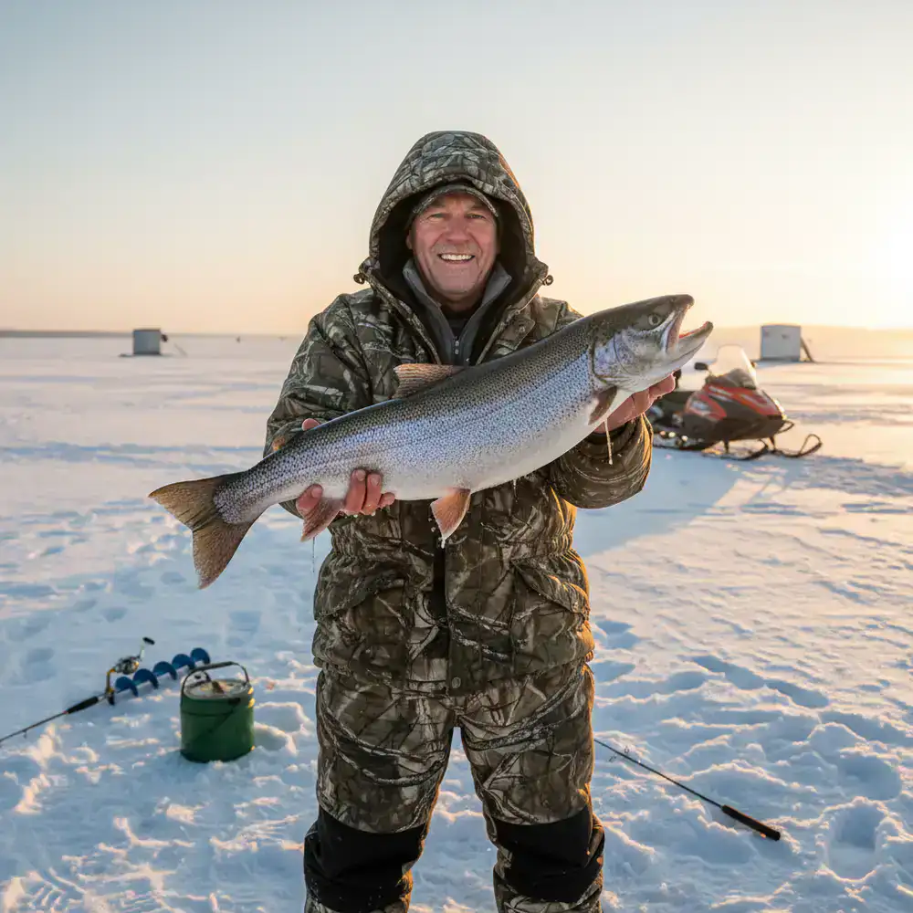 Angler proudly holding a fresh catch on the ice