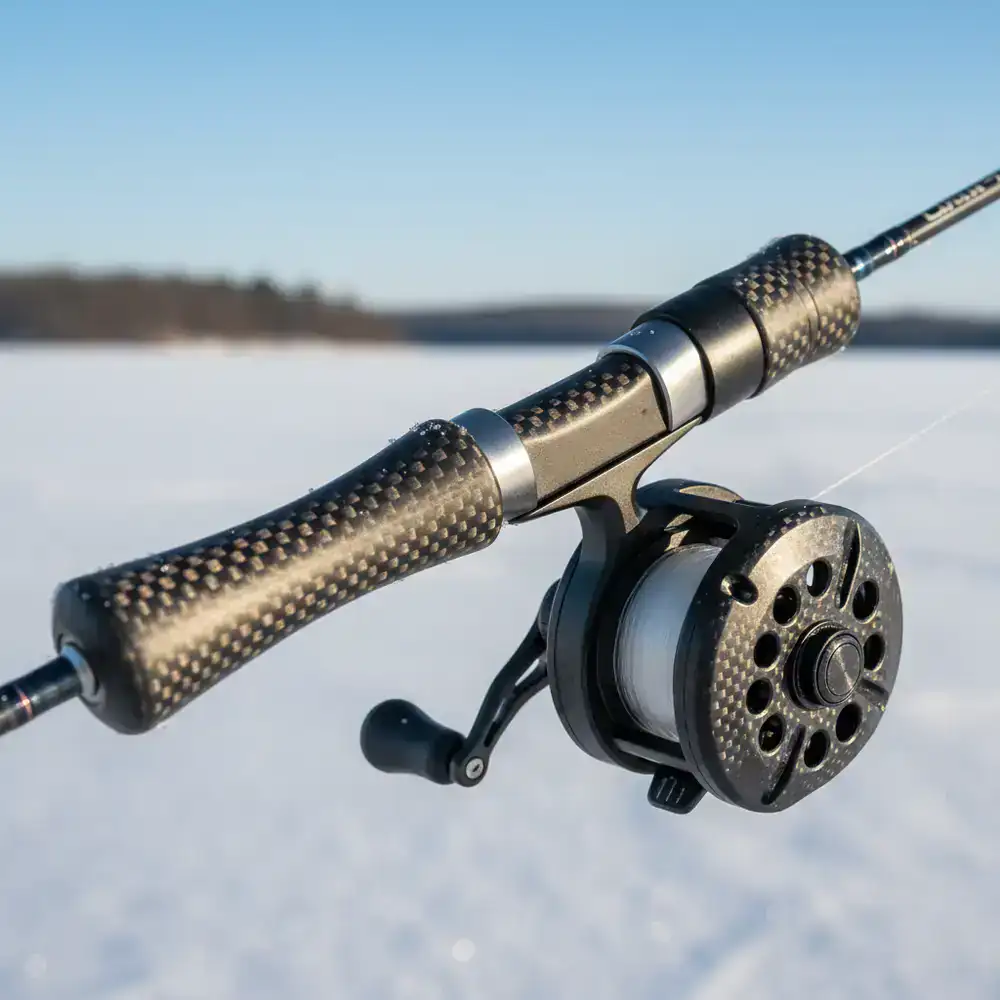 Close up of a premium carbon ice fishing rod handle and reel
