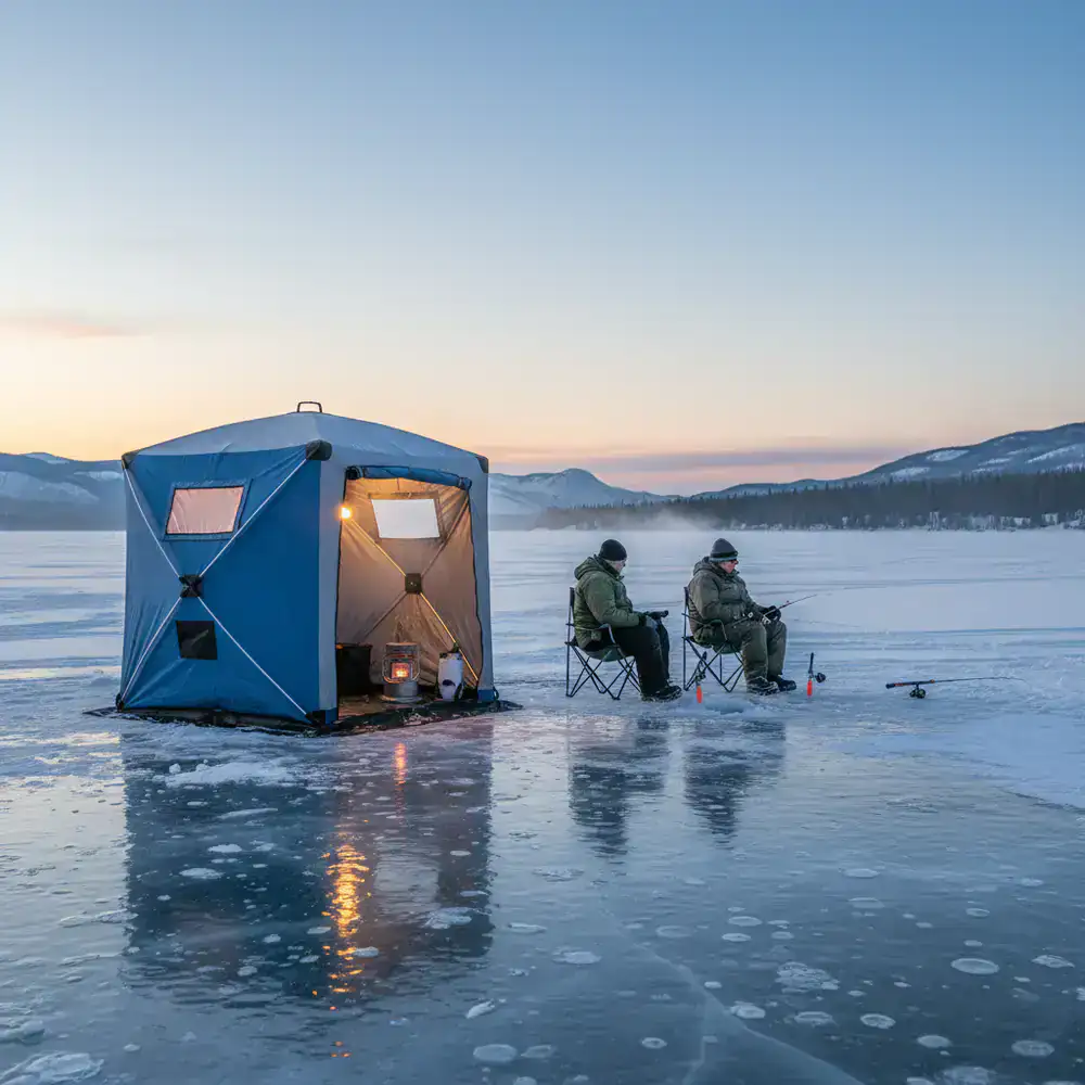 High quality ice fishing shelter on frozen lake