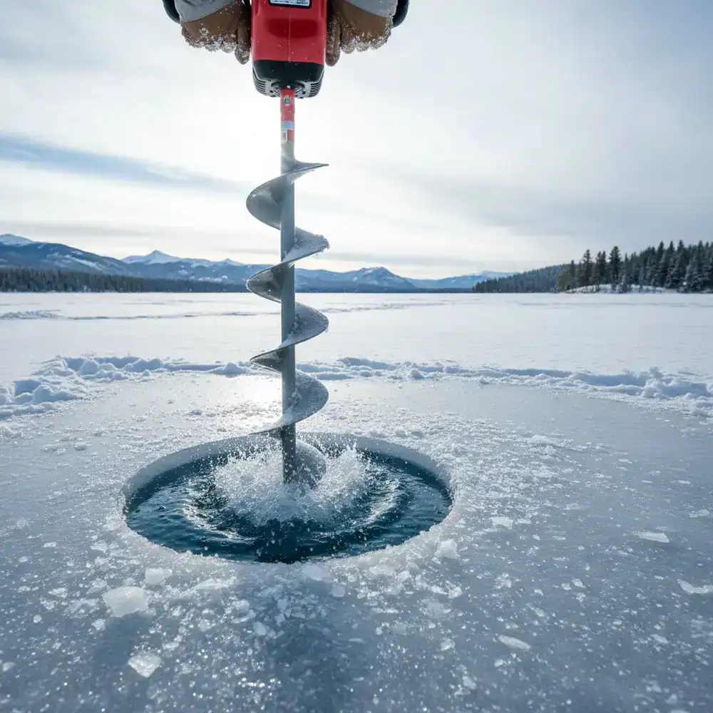 Power ice auger cutting clean through thick ice