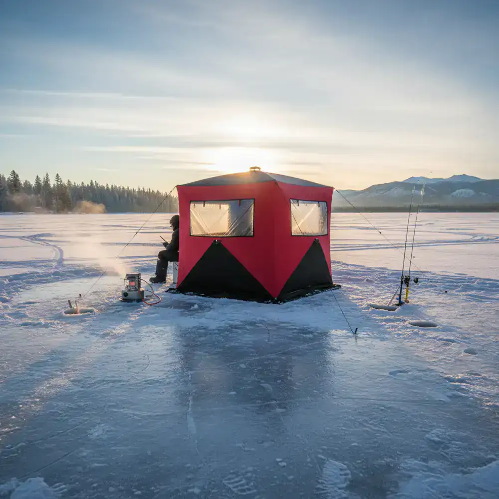 Insulated ice fishing shelter deployed