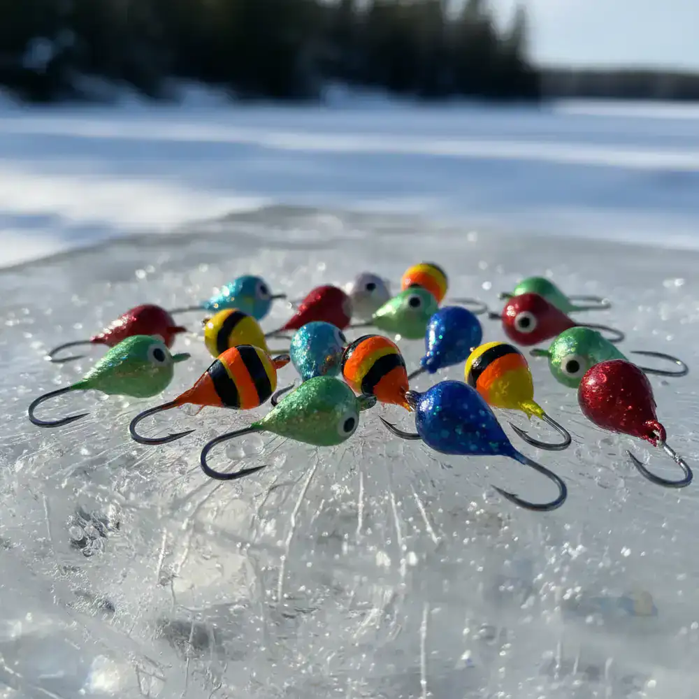 Close up of colorful tungsten ice fishing jigs