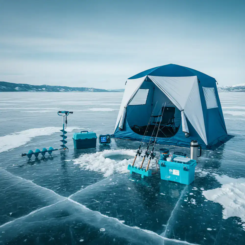 High-quality ice fishing setup and gear on a frozen surface styled in a cool, deep cyan and ice-blue color palette