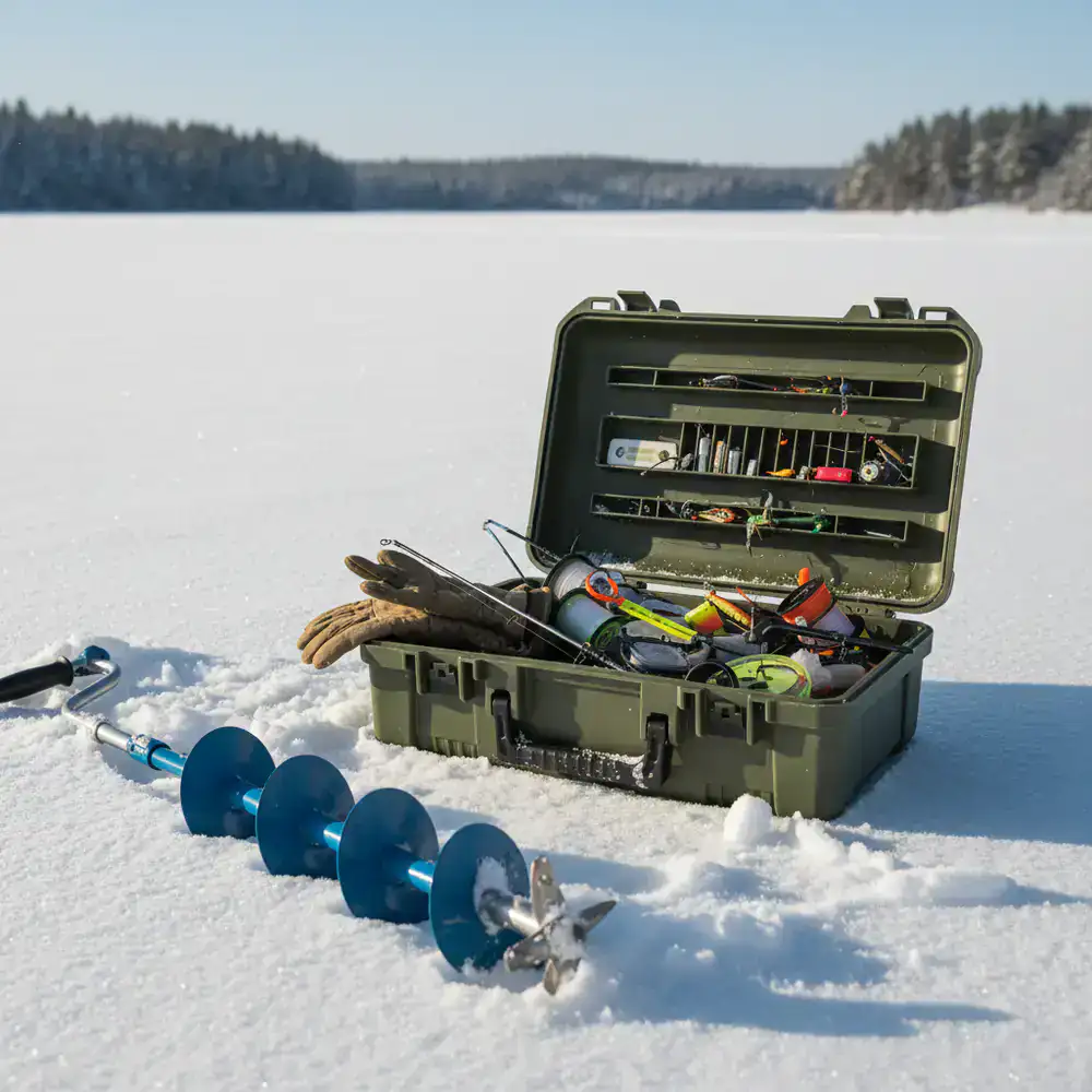 Ice fishing tackle box and auger resting on snow